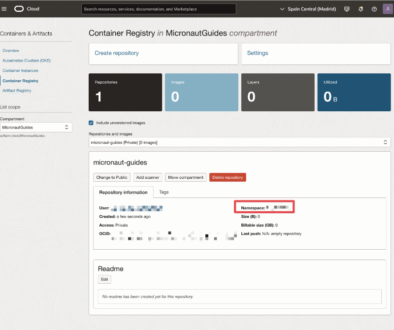 oci container registry repository namespace