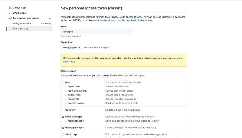personal access token packages scopes
