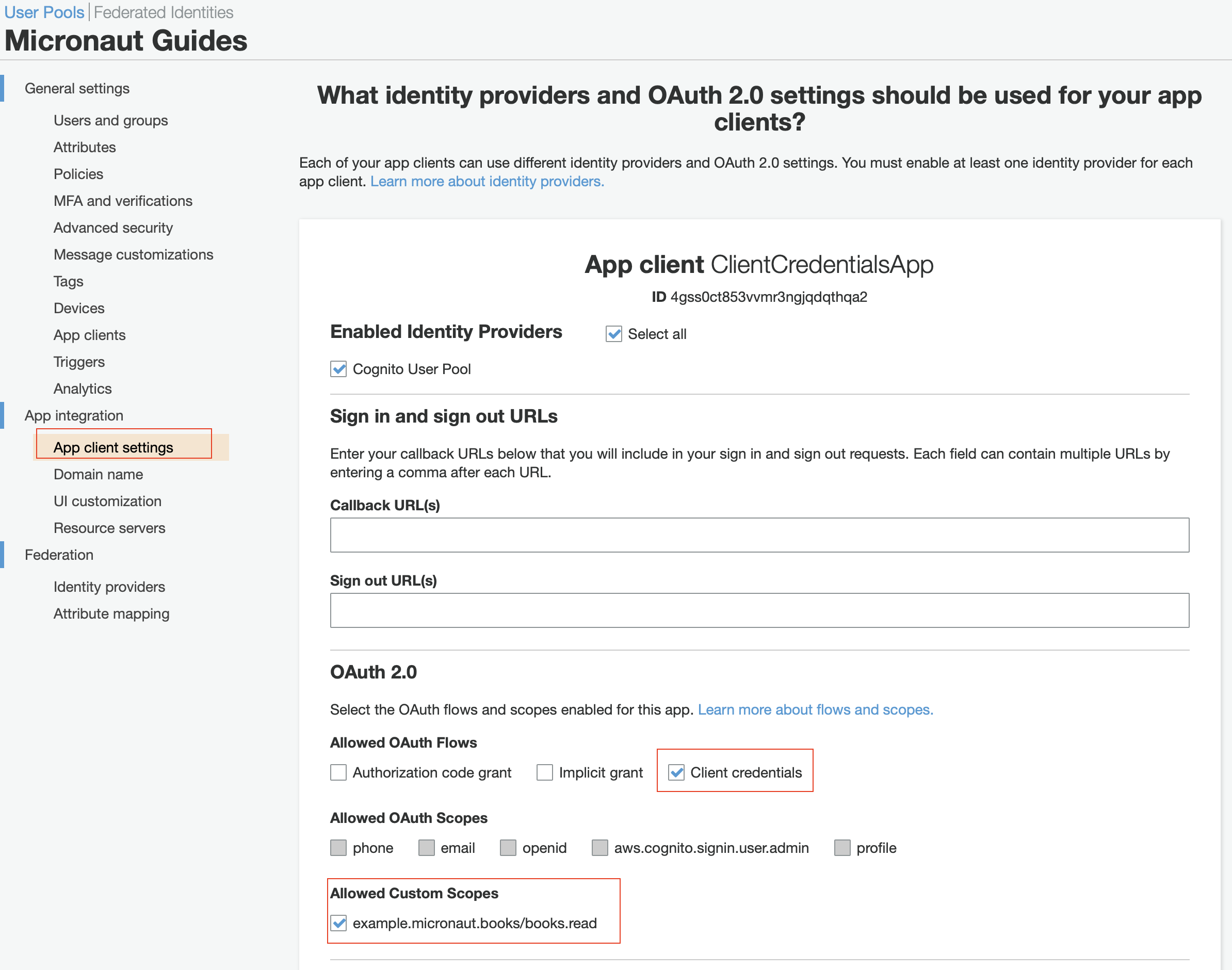 aws cognito app client settings client credentials custom scopes