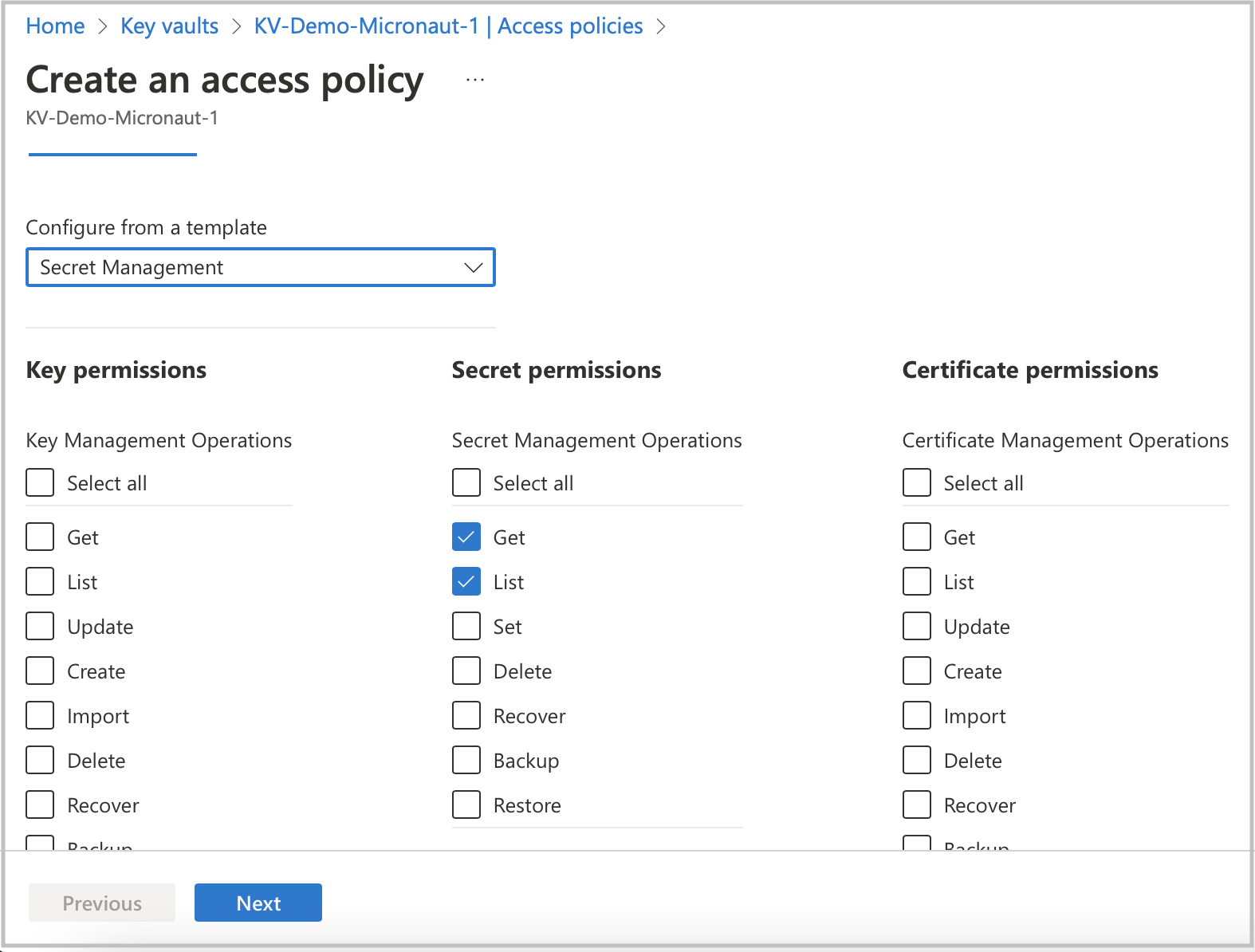 azure vault create policy