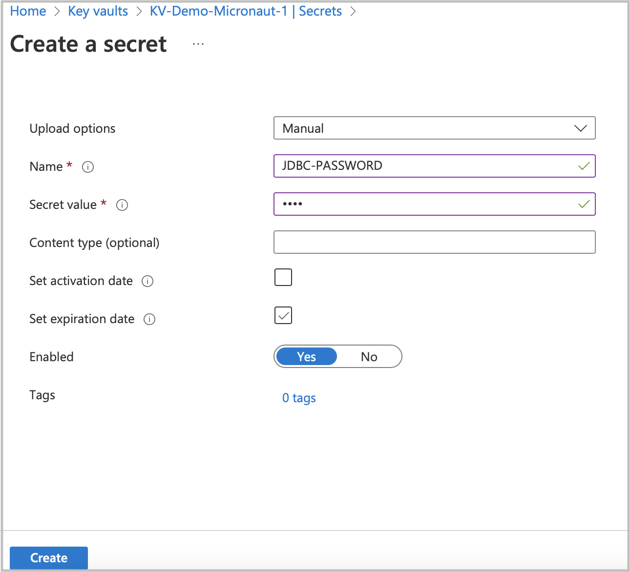 azure vault create secret jdbc password
