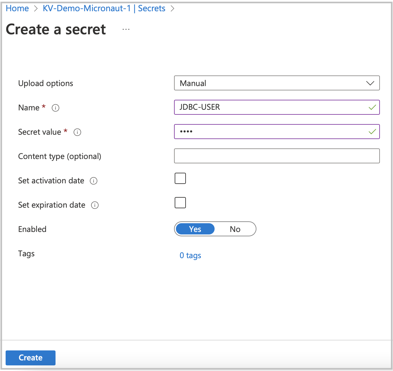 azure vault create secret jdbc user