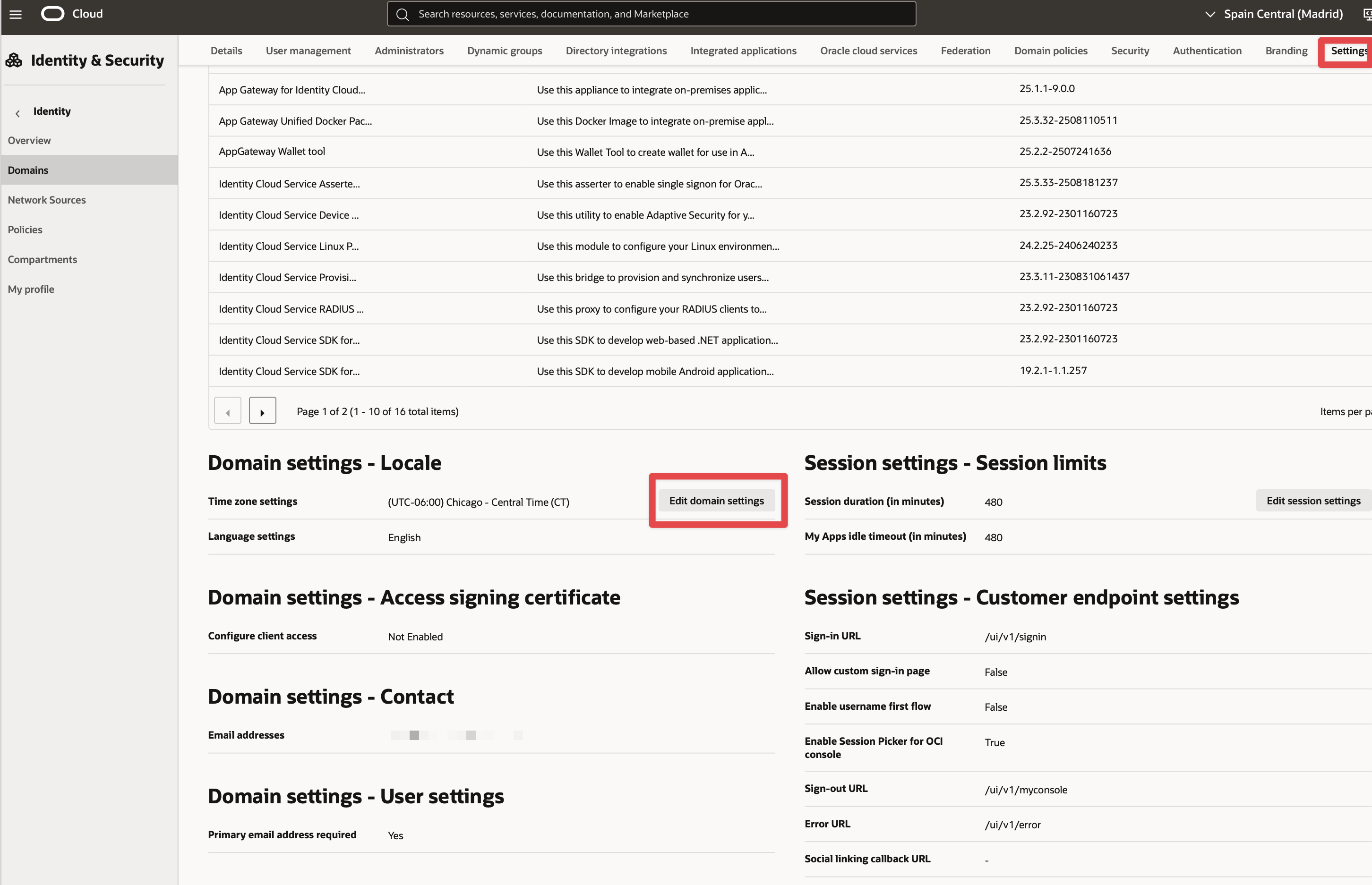 oci edit domain settings