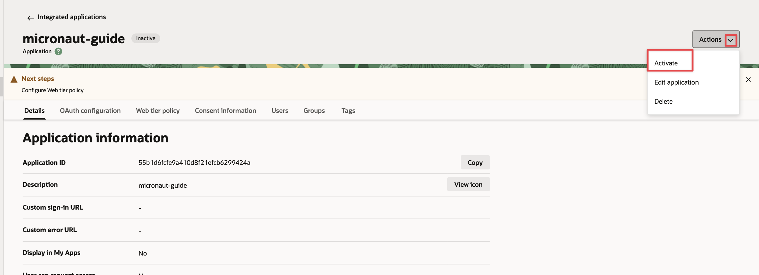 oci integrated application activate